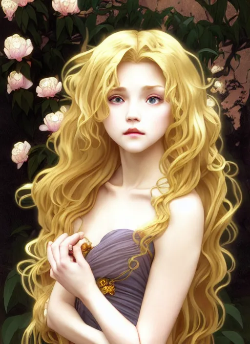 Image similar to young vampire blond girl, goddess of obsidian diamonds and black peonies, with long curly, golden hair, perfectly proportioned face, brown eyes, sweet smile, strong jawline, natural lighting, path traced, god rays, highly detailed, high quality, cartoon, digital painting, by new haicheng studio ghibli and riccardo federici and alphonse mucha