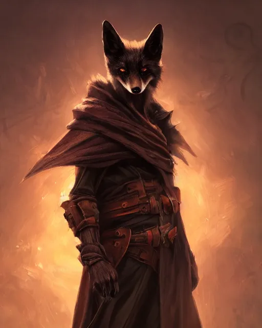 Image similar to oil painting of Anthropomorphized dark Fox thief, wearing dark cloak, holding bag, mischievous look, sharp focus, fantasy style, octane render, volumetric lighting, 8k high definition, by greg rutkowski, highly detailed, trending on art Station, magic the gathering artwork, dark steampunk city backround, centered