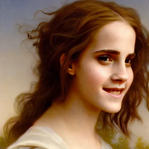 Image similar to Painting of Emma Watson as Hermione Granger. Smiling. Happy. Cheerful. Art by william adolphe bouguereau. During golden hour. Extremely detailed. Beautiful. 4K. Award winning.