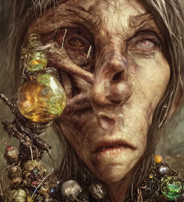 Prompt: hyper realistic portrait of postapocalyptic elf goblin, glass beads, clay amulets, magic artifacts, trinkets, cinematic, symmetric, dark crystal, artstation, cgsociety, brian froud, alan lee, jean baptiste monge, scott radke