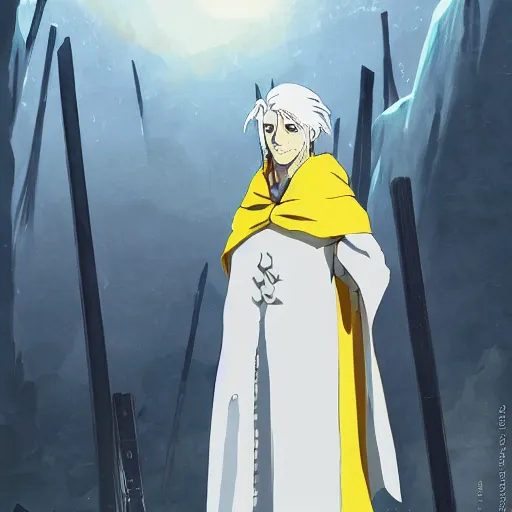 Image similar to a white haired man with yellow eyes, wearing a cultist robe, medieval background, highly detailed, digital painting, artstation, matte, by makoto shinkai, animation style, studio ghibli, anime key visual