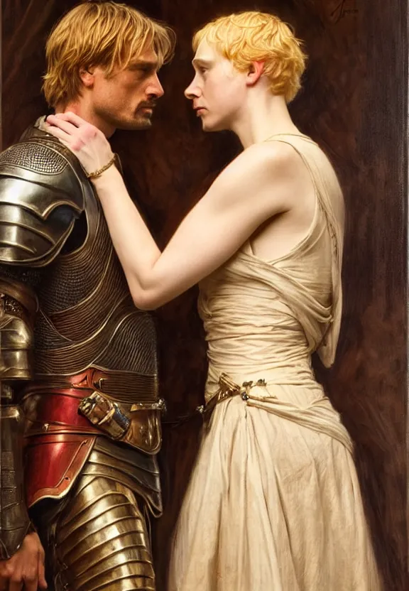 Prompt: attractive jaime lannister confesses his love for attractive armored brienne of tarth. highly detailed painting by gaston bussiere and j. c. leyendecker 8 k