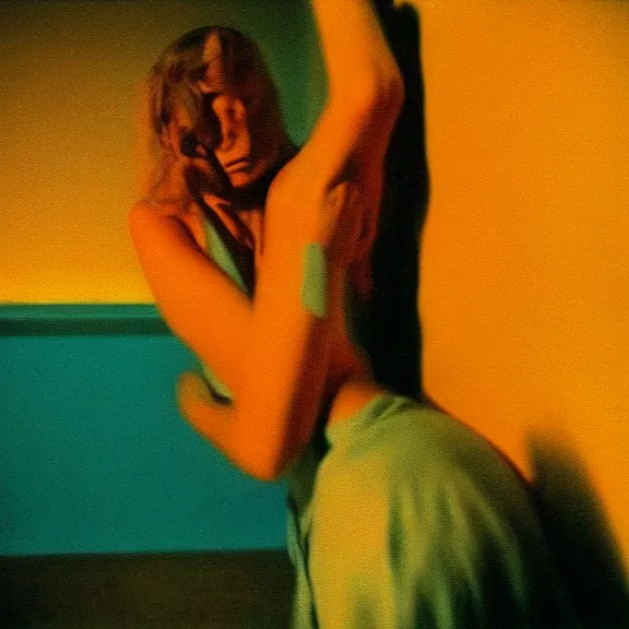 Image similar to polaroid photography, still from a 7 0's art house movie by alejandro jodorowsky, edward hopper and leonora carrington : : love, violence and surrealism, close - up view : : professional photograph, cinestill 8 0 0 tungsten 3 5 mm, high quality, triadic color scheme