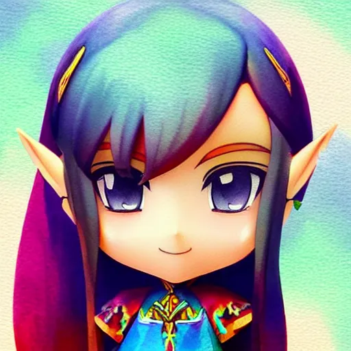 Image similar to beautiful water color concept art of face detailing cute girl in the style of nendoroid and Toon Zelda , anime style, close-up