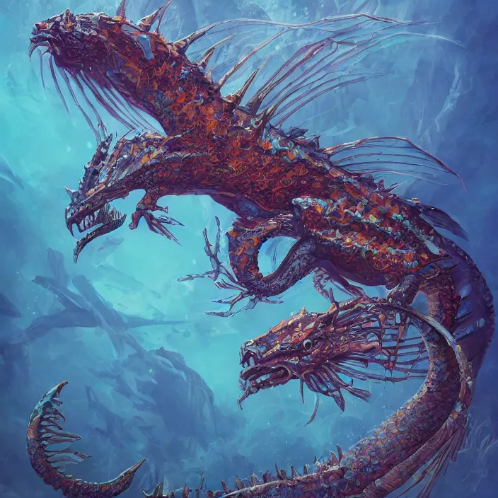 Prompt: underwater sea dragon full body, d & d style, trending on artstation, intricate, highly detailed, vivid painting, colorful, art by alexandr leskinen
