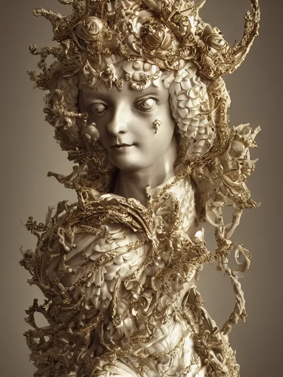 Prompt: a beautiful render of rococo catholic princess sculpture with symmetry intricate detailed,by Nekro and aaron horkey and peter gric and Cedric Peyravernay and Billelis,Trending on artstation,ZBrush,masterpiece,maximalist,glittering,gold,silver，ivory,hyperreal