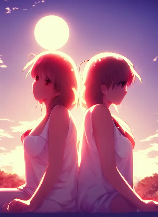 Image similar to two beautiful mothers sitting on a hot summer evening, gorgeous faces, thick lines, cinematic lighting, detailed anime art