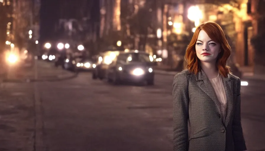 Prompt: charismatic emma stone is looking down a street at night, ambient lighting, cinematic, epic, demonic