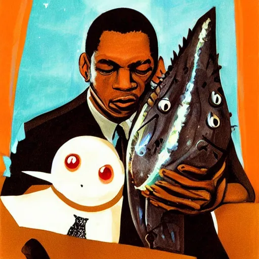 Image similar to john coltrane snuggling an angler fish