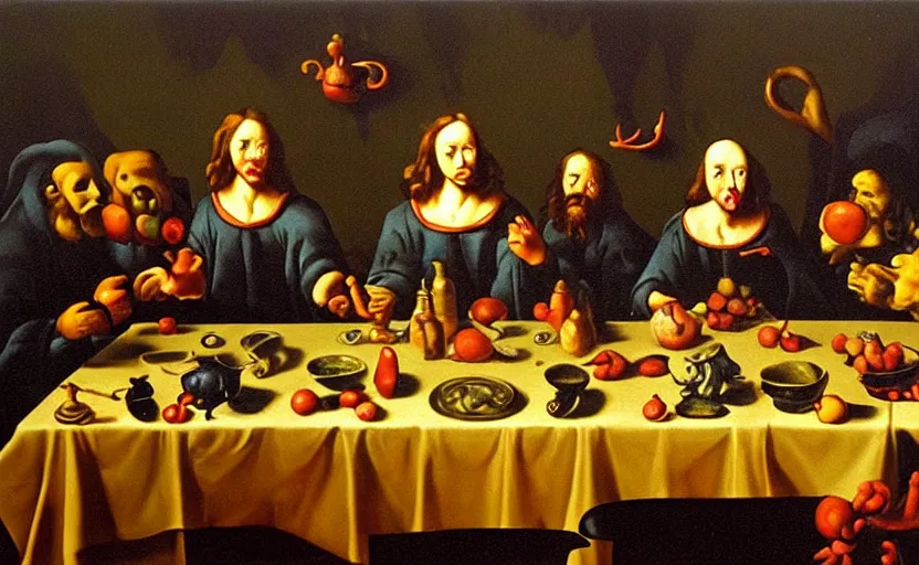 Image similar to disturbing colorful oil painting dark background dutch golden age vanitas still life beautiful composition last supper with bizarre monster busts, odd objects, shiny reflections bizarre symbols rachel ruysch dali todd schorr very detailed perfect composition rule of thirds masterpiece canon 5 0 mm, cinematic lighting, photography, retro, film, kodachrome