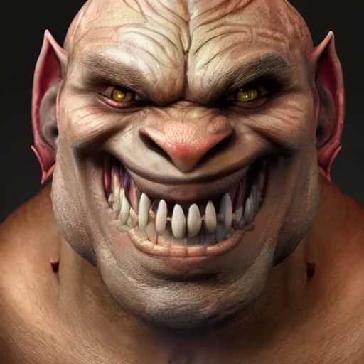 Image similar to a detailed portrait of a cute orc boy smiling, fantasy art illustration, incredibly highly detailed and realistic, 8 k, sharp focus