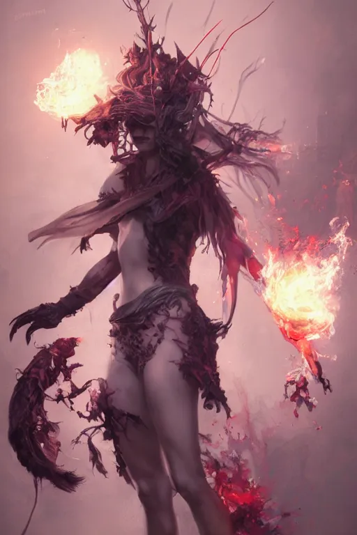 Prompt: beautiful girl necromancer, witch - doctor covered with velvet exploding into organic velvet, angels, 3 d render, hyper realistic detailed portrait, holding fire and ice, ruan jia, wlop. scifi, fantasy, magic the gathering, hyper detailed, octane render, concept art, peter mohrbacher