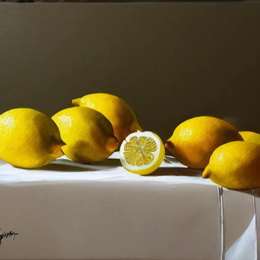 Prompt: lemons dramatic lighting on white tablecloth, oil painting, pale colors, high detail, 8 k, wide angle, trending on artstation,