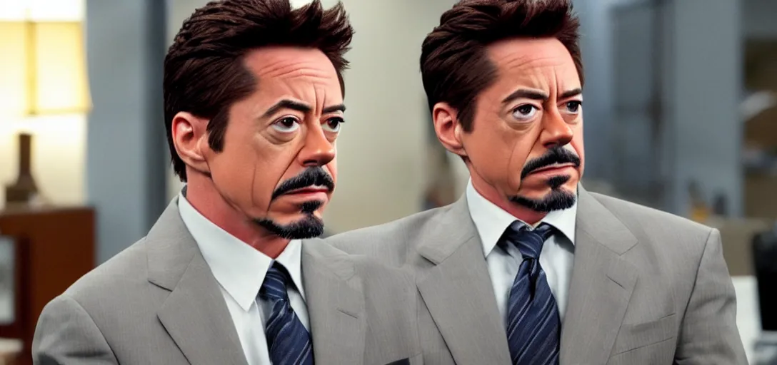 Image similar to a very high resolution image of tony stark, from an episode of the office. photorealistic, photography