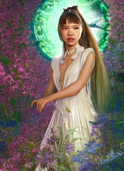 Prompt: portrait of Lalisa Manobal as a Celestial Goddess of a futuristic princess, inside future fighter, sci-fi, fantasy, intricate, lush garden spaceship with sakura season flowers, elegant, human anatomy, royal green and nature light, highly detailed, digital painting, artstation, concept art, smooth, sharp focus, illustration, art by tian zi and WLOP and alphonse mucha, masterpiece, 3d blender