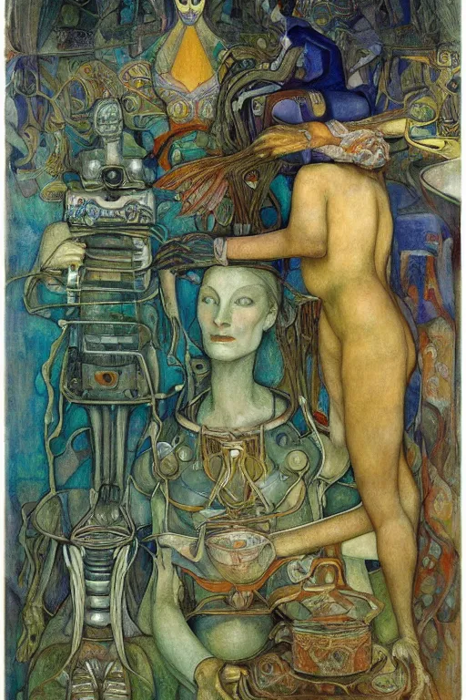 Image similar to the robot queen makes tea ,by Annie Swynnerton and Diego Rivera and Elihu Vedder, symbolist, dramatic lighting, elaborate geometric ornament, Art Brut, soft blues and greens,smooth, sharp focus, extremely detailed, Adolf Wölfli