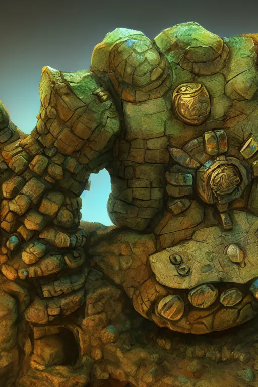 Image similar to zelda fantasy art giant golem troll wood rock greeble gemstone, global illumination ray tracing hdr fanart arstation by sung choi and eric pfeiffer and gabriel garza and casper konefal