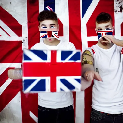 Image similar to mid-shot portrait photograph of two male British chav youths holding box cutter knives, with white powder on their faces, wearing the Union Jack, high quality