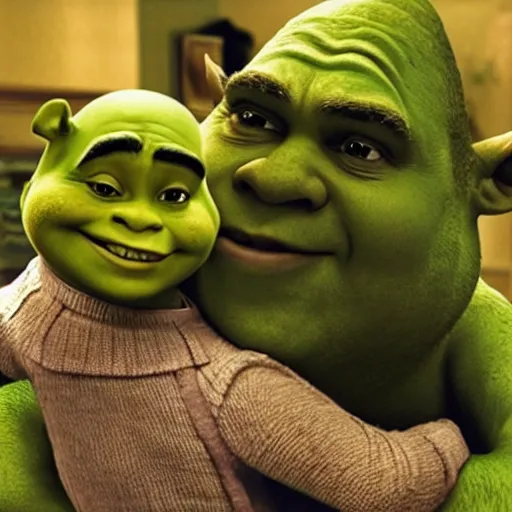 Image similar to Shrek is hugging Denzel Washington