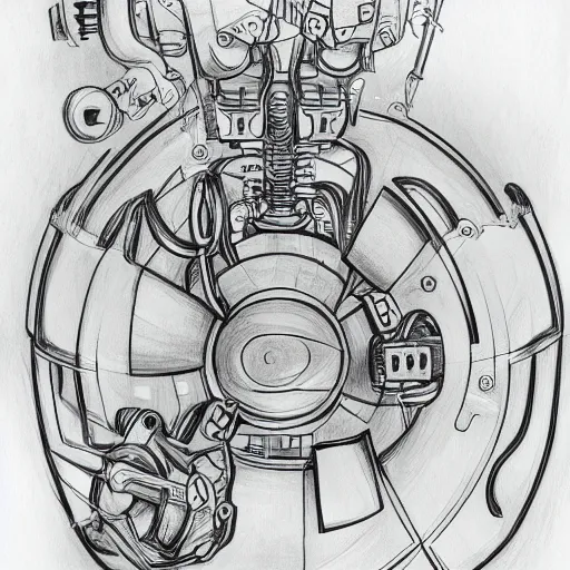 Image similar to line art drawing of a mechanical apple transforming into a robot, pencil on paper, high-resolution