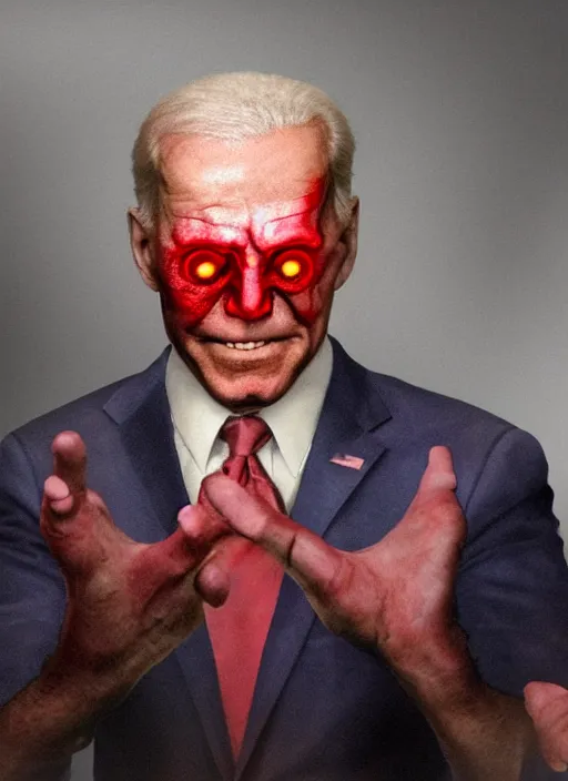 Image similar to hyper realistic terror photo Doom horror furious glowing red eyes biden