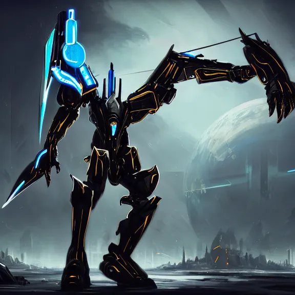 Image similar to cinematic shot, 35 foot tall stunning quadrupedal mecha dragon, sharp edged black armor, shining gold accents around the edges, sleek OLED blue visor for eyes, four legs, walking in busy neon city streets, sharp claws, epic shot, highly detailed art, sci fi, furry, 3D realistic, warframe fanart, destiny fanart, furry art, dragon art, feral art, macro art, furaffinity, DeviantArt, sofurry