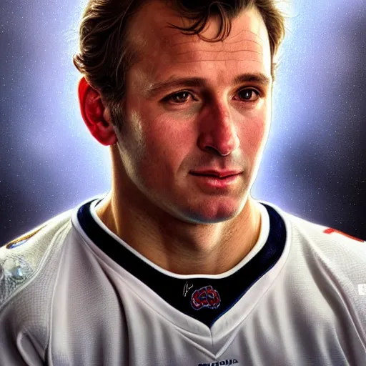 Image similar to beautiful portrait of hockey player Malarchuk, fantasy, intricate, elegant, highly detailed, digital painting, artstation, concept art, smooth, sharp focus, luxury fashion illustration, art by artgerm and greg rutkowski and alphonse mucha, brightly lit cinematic soft lighting, photorealistic