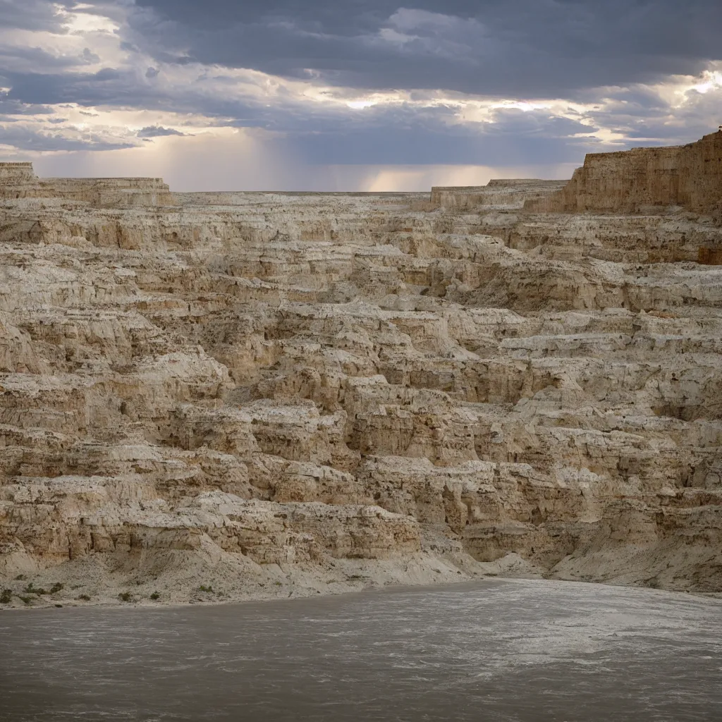 Prompt: photo of green river, wyoming cliffs during thunderstorm. the foreground and river are brightly lit by sun, and the background clouds are dark and foreboding. kodak portra 4 0 0,