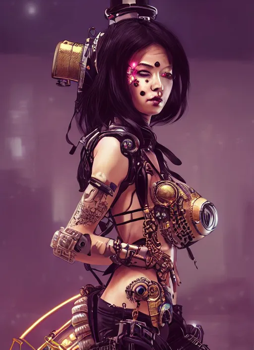 Image similar to soft lustrous ebony geisha seductive raver gutter punk steampunk cyborg, yakuza, golden ratio, details, scifi, fantasy, cyberpunk city, intricate, decadent, highly detailed, octane render, digital painting, artstation, concept art, sharp focus, illustration, art by artgerm, loish, wlop
