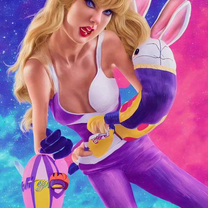 Image similar to portrait of Taylor Swift as Lola Bunny in Space Jam 1996. bunny ears. intricate abstract. intricate artwork. by Tooth Wu, wlop, beeple, dan mumford. octane render, trending on artstation, greg rutkowski very coherent symmetrical artwork. cinematic, hyper realism, high detail, octane render, 8k, iridescent accents