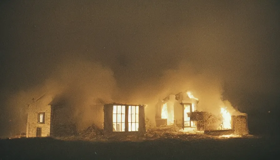 Prompt: 1 9 7 0 s movie still of a heavy burning french style little house in a small north french village by night, rainy, foggy, cinestill 8 0 0 t 3 5 mm, heavy grain, high quality, high detail, dramatic light, anamorphic, flares