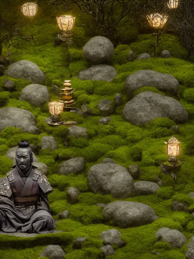 Image similar to cinematic late evening scenery of a ancient samurai with highly detailed face and closed eyes, sitting in contemplation in the middle of a miniature japanese zen garden, cherry blossom trees, mossy stones, a small lit latern, moody vanishing light, cinematic, hyperdetailed, artstation, deviantart, hyperdetailed, 4K