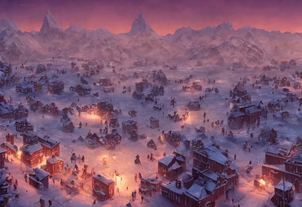 Image similar to accidentally wes anderson award - winning photograph of a frozen frostpunk city, art by greg rutkowsky, trending on artstation, cinematic lighting, filmic grain, golden hour, detailed, 4 k