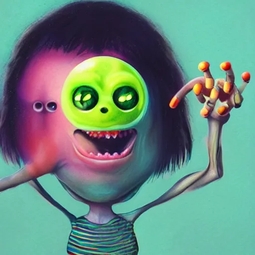 Image similar to a baby monster with six arms, Lofi vaporwave portrait tennis ball monster,chalk, Pixar style, Tristan Eaton, Stanley Artgerm, Tom Bagshaw, Basil Gogos