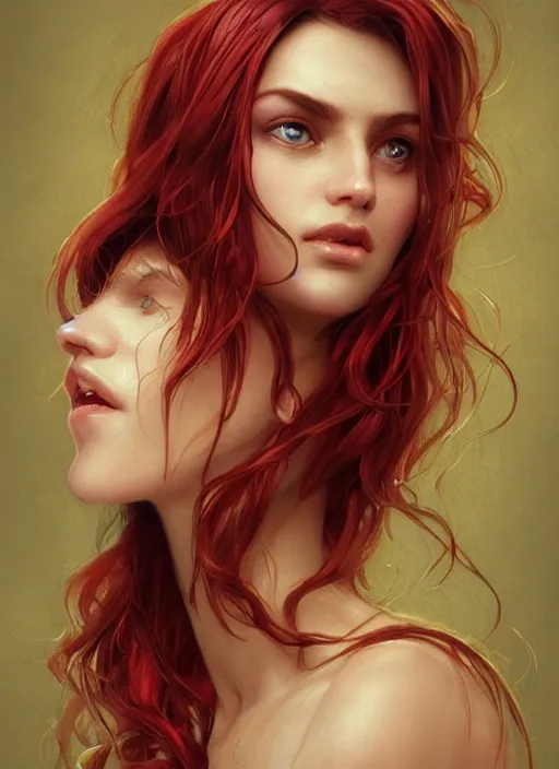 Image similar to vertical portrait of a ruggedly handsome female cleric, soft hair, close - up face, leather, witchy, d & d, fantasy, intricate, elegant, highly detailed, digital painting, artstation, concept art, smooth, sharp focus, illustration, art by artgerm and greg rutkowski and alphonse mucha, plain red background