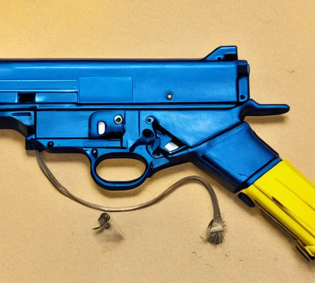 Image similar to a 4 k photorealistic photo full shot of a yellow and blue gun.