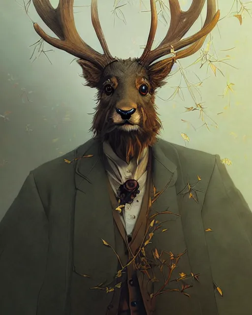 Image similar to anthropomorphic art of a scientist stag, victorian inspired clothing by krenz cushart, artgerm, victo ngai, ryohei hase, artstation. fractal leaves, paper. highly detailed digital painting, smooth, global illumination, fantasy art by greg rutkowsky, karl spitzweg