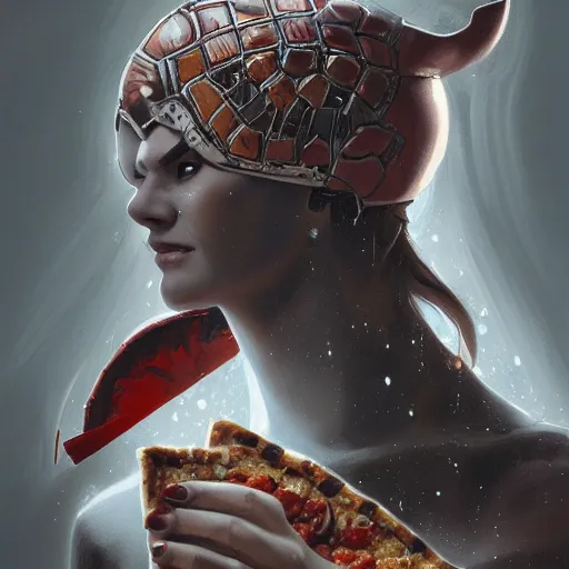 Prompt: head and shoulders portrait of modern darna, ninja turtle eating pizza, intricate, elegant, dark vibes, highly detailed, digital painting, artstation, glamor pose, concept art, smooth, sharp focus, illustration, art by wlop, mars ravelo and greg rutkowski