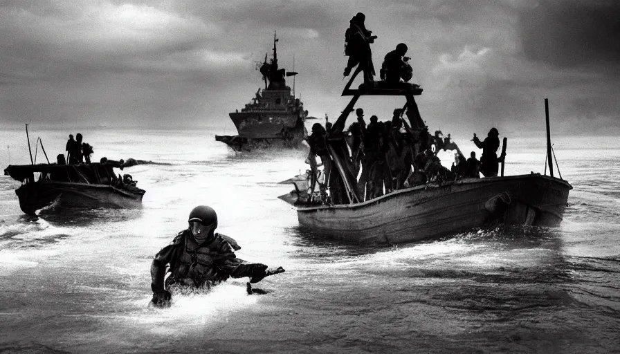 Image similar to “minions jumping out of boat into water on D-Day, 4k, cinematic, award winning”