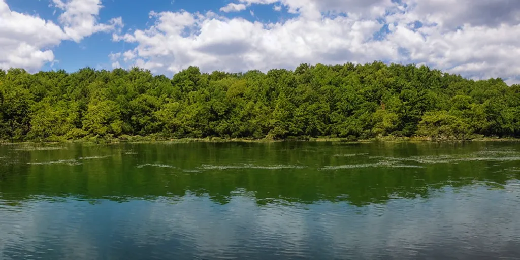 Prompt: lake with black water side view, sky