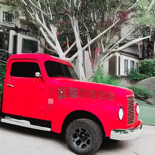 Image similar to a red truck with pokey dots all over it, chrome red
