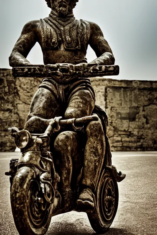 Image similar to photo of the ancient statue of biker on the ancient bike, symmetrical, cinematic, real dlsr photography, sharp focus, 4 k, ultra hd, sense of awe, archeology journal cover