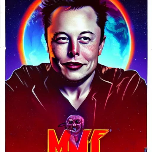 Image similar to movie poster of elon musk as a villain who looks at the planet mars with a macabre smile, his face is illuminated with a red light, drew struzan style