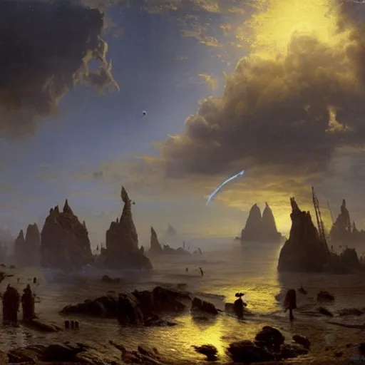 Prompt: scene from prometheus movie, artlilery spaceship lands in an alien landscape, filigree ornaments, volumetric lights, andreas achenbach