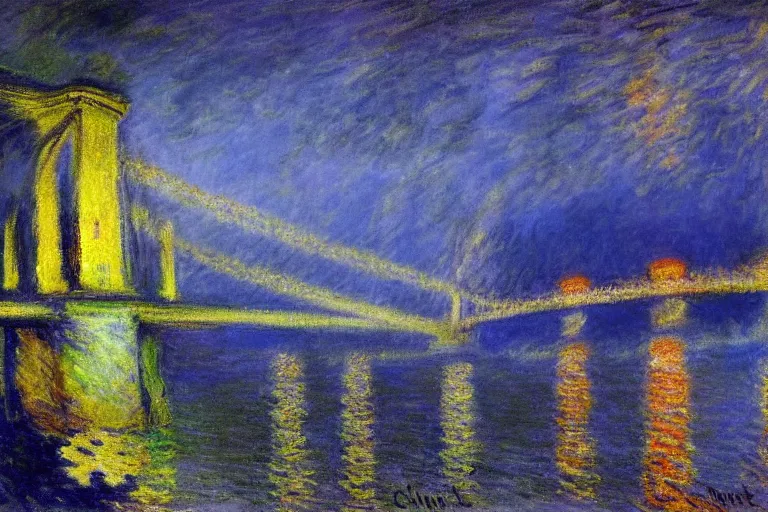 Image similar to beautiful painting of the clifton suspension bridge by claude monet, stormy night, lightning