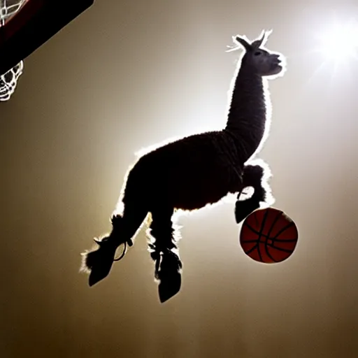 Image similar to film still of a llama dunking a basketball, low angle, extreme long shot, indoors, dramatic backlighting