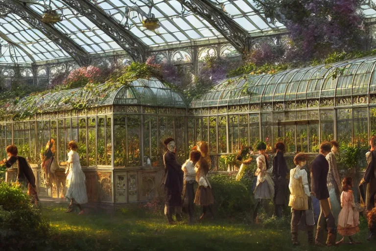 Prompt: an ornate victorian greenhouse, party in front, scene in an open field. 1 8 9 0, key visual, conceptart, ambient lighting, highly detailed, digital painting, artstation, concept art, sharp focus, by makoto shinkai and akihiko yoshida and greg manchess