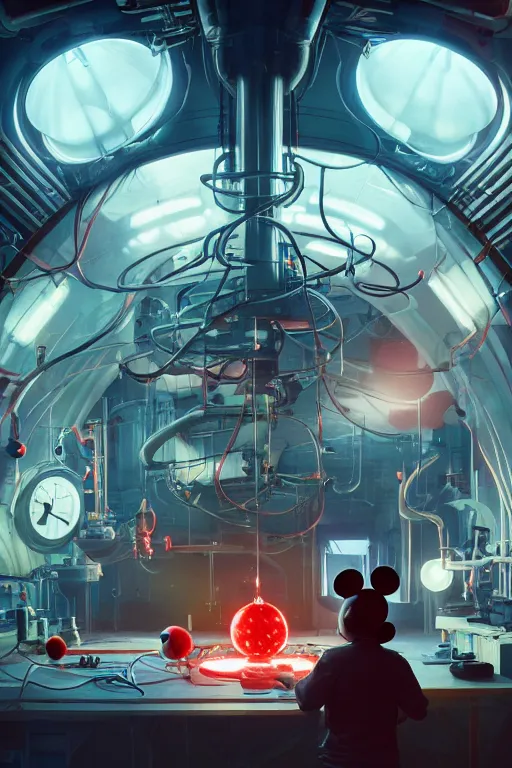 Image similar to bunch of mechanics operating bloody mickey mouse head in science facility, big glowing netflix logo behind, greg rutkowski, beeple, gilleard, alphonse mucha cgsociety, unreal engine, octane render, highly detailed 4 k art, smooth, sharp focus, cinematic lighting,