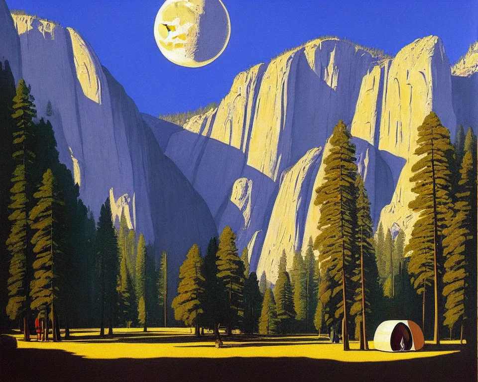 Image similar to an achingly beautiful print of the lunar module in the middle of Yosemite valley by Raphael, Hopper, and Rene Magritte. detailed, romantic, enchanting, trending on artstation.