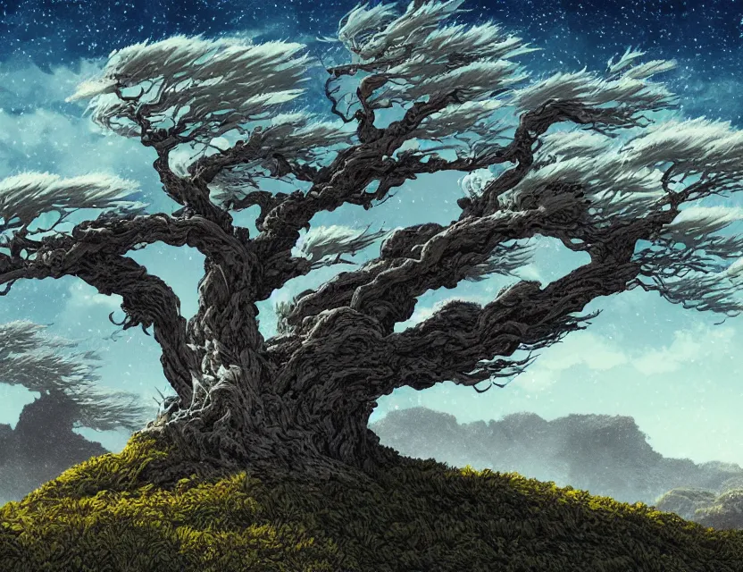 Image similar to windswept scifi cliffs with lone gnarly trees. gouache by award - winning mangaka, chiaroscuro, intricate details, bokeh, backlighting, field of depth